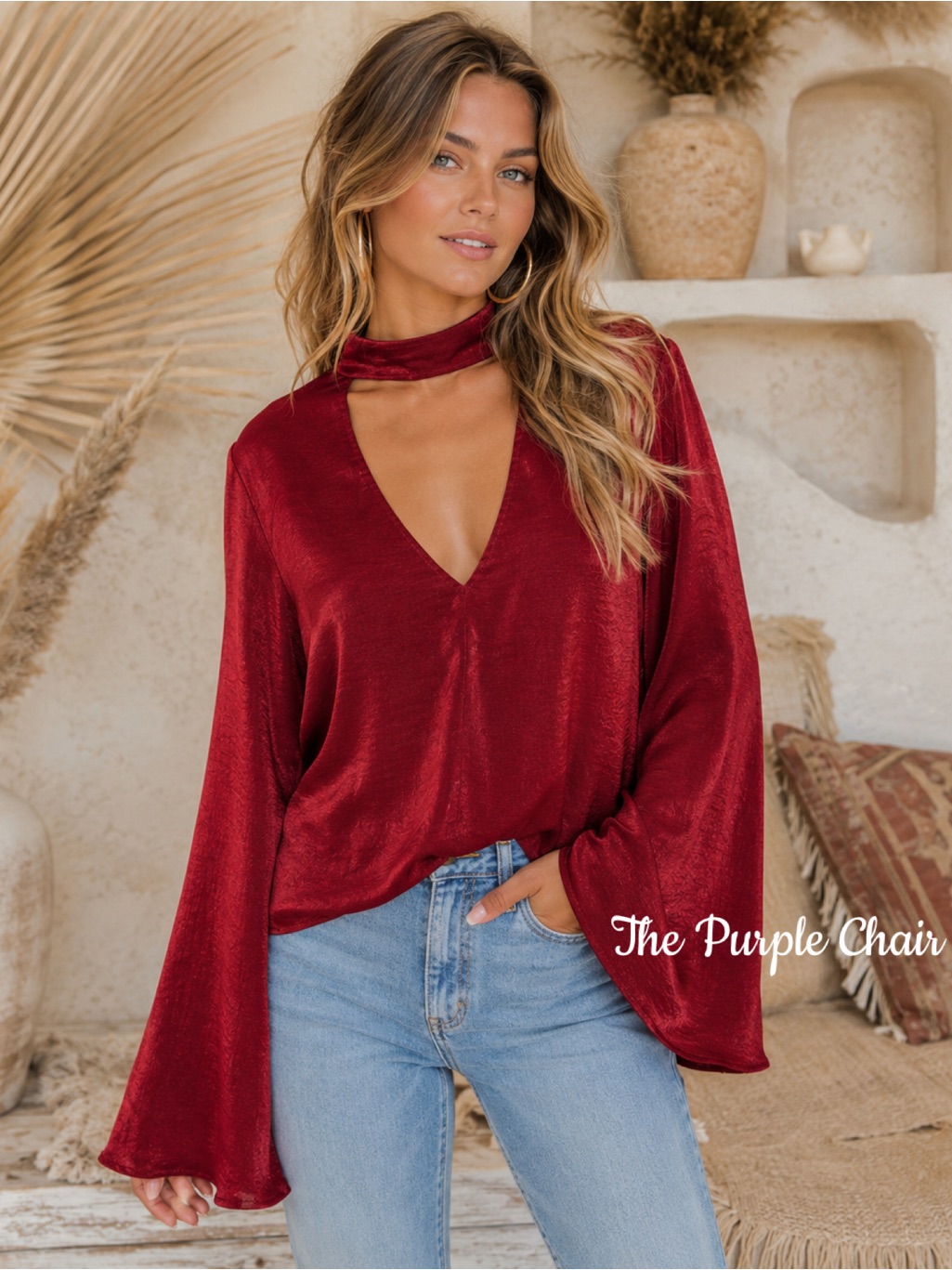 Show Me Your Mumu Nwt Cherry Long Bell Sleeve Choker Olsen Top L